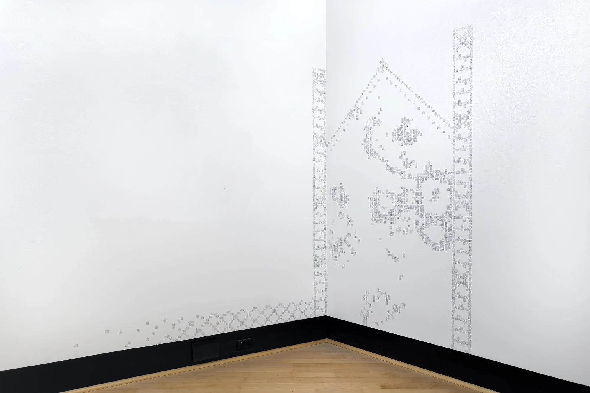    and when you change the landscape, is it with bare hands or with gloves? (lichen, woodwork, grate)  , 2023 graphite drawing of selbu mitten knitting chart 99 x 67 linear in. as installed  Kristen Wigley-Fleming Gallery, Luther College, Decorah IA 