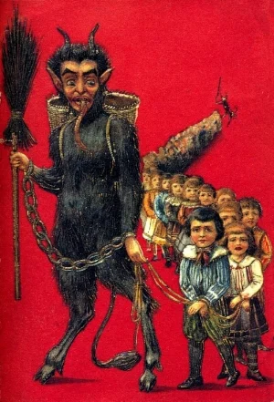 Krampus bringing some unhappy children along with him.