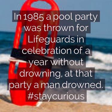 In 1985 a pool party was thrown for Lifeguards in celebration of a year without drowning, at that party a man drowned.