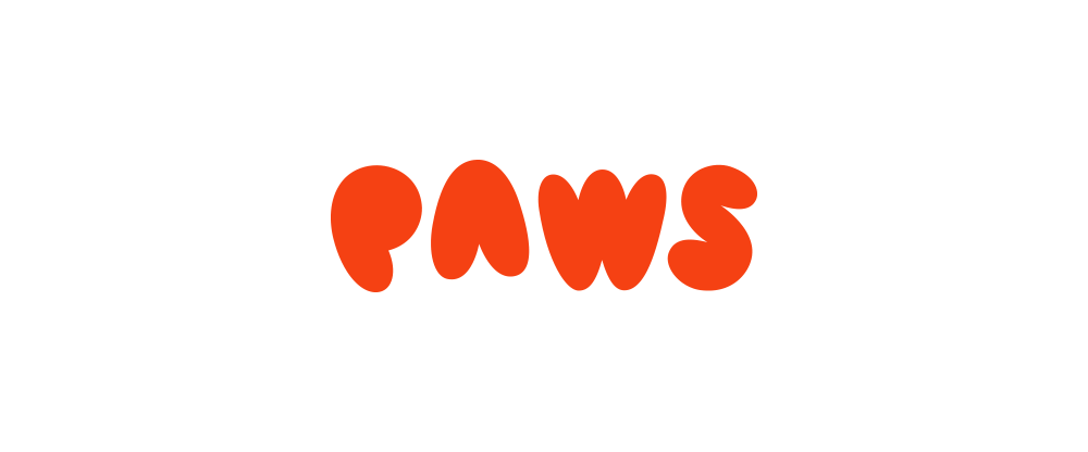 The word "PAWS" written in bold, red, rounded letters on a white background.