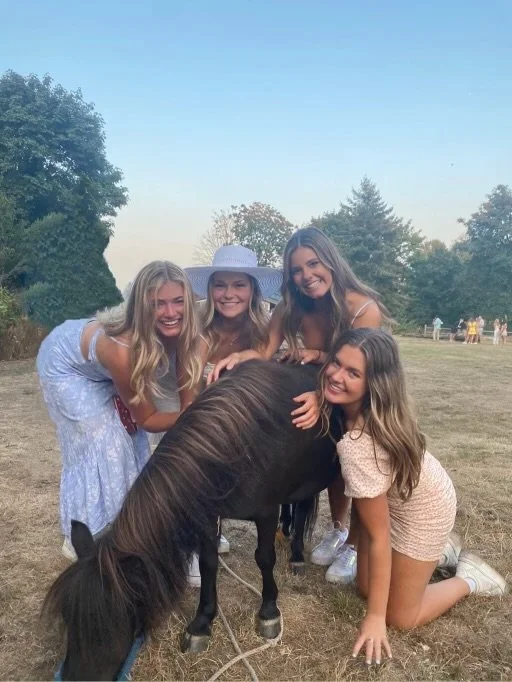 Four young women smiling and hugging a small black pony outdoors in a grassy park with trees in the background, during daytime.