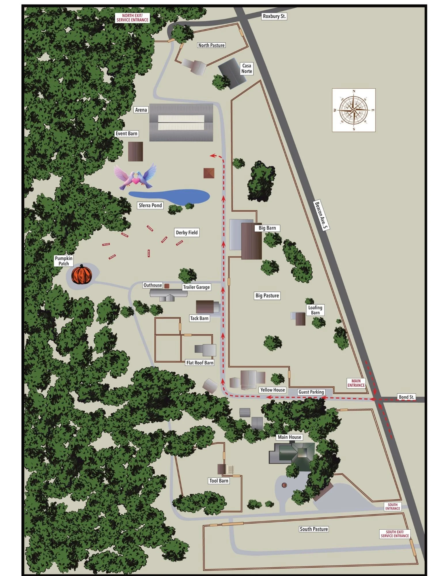 A detailed map of a farm with labeled areas including a pumpkin patch, Sfera pond, event barn, arena, North pasture, big barn, big pasture, loathing barn, guest parking, main house, tool barn, south pasture, and various entrances along Bond Street and Roxbury Street.