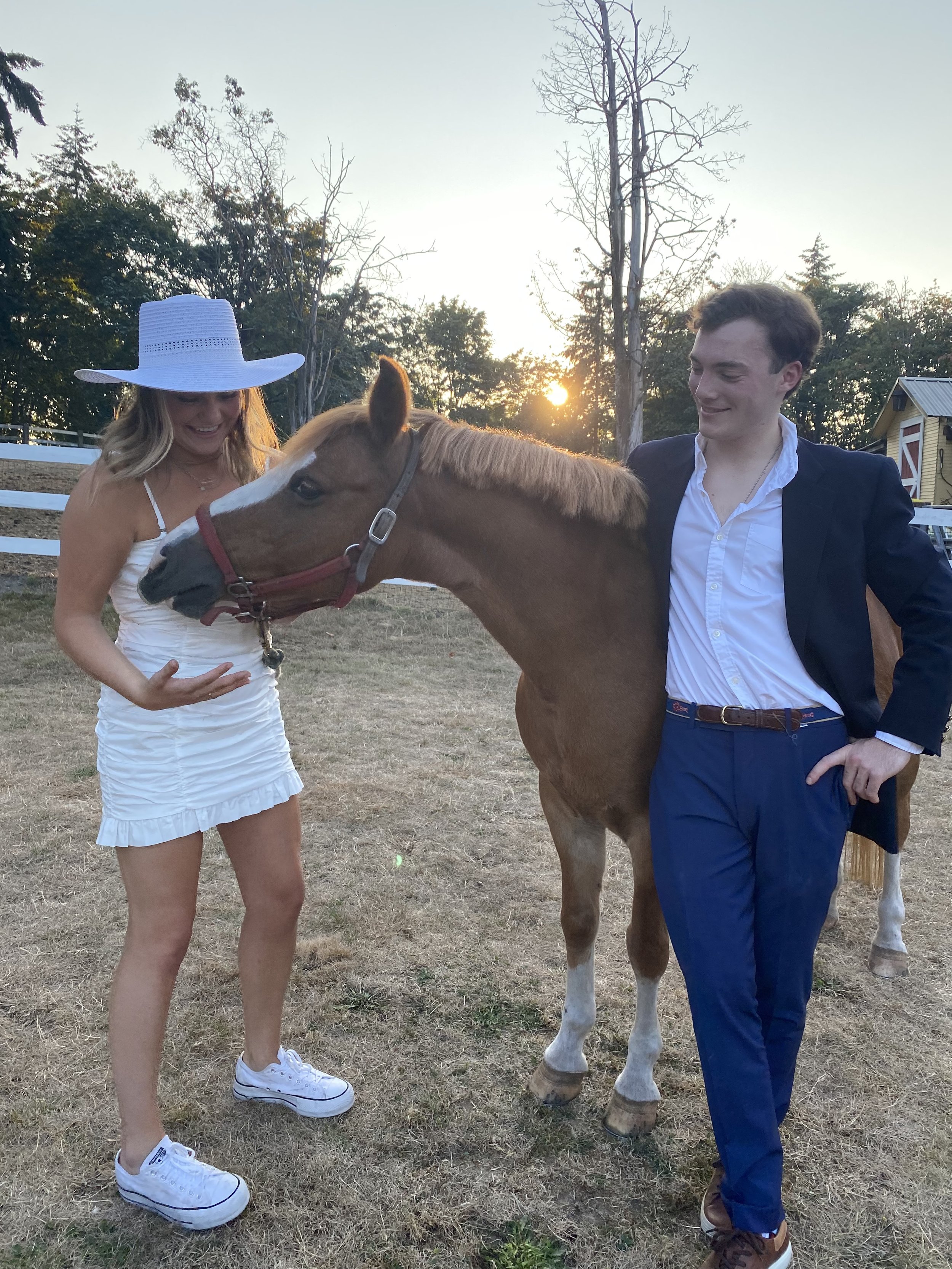 A woman in a white dress and a large blue hat, and a young man in a navy suit and white shirt, smiling and interacting with a brown horse with a white blaze on its face at sunset in a grassy field.