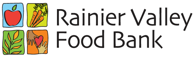 Rainier Valley Food Bank logo with four colorful icons representing food and community