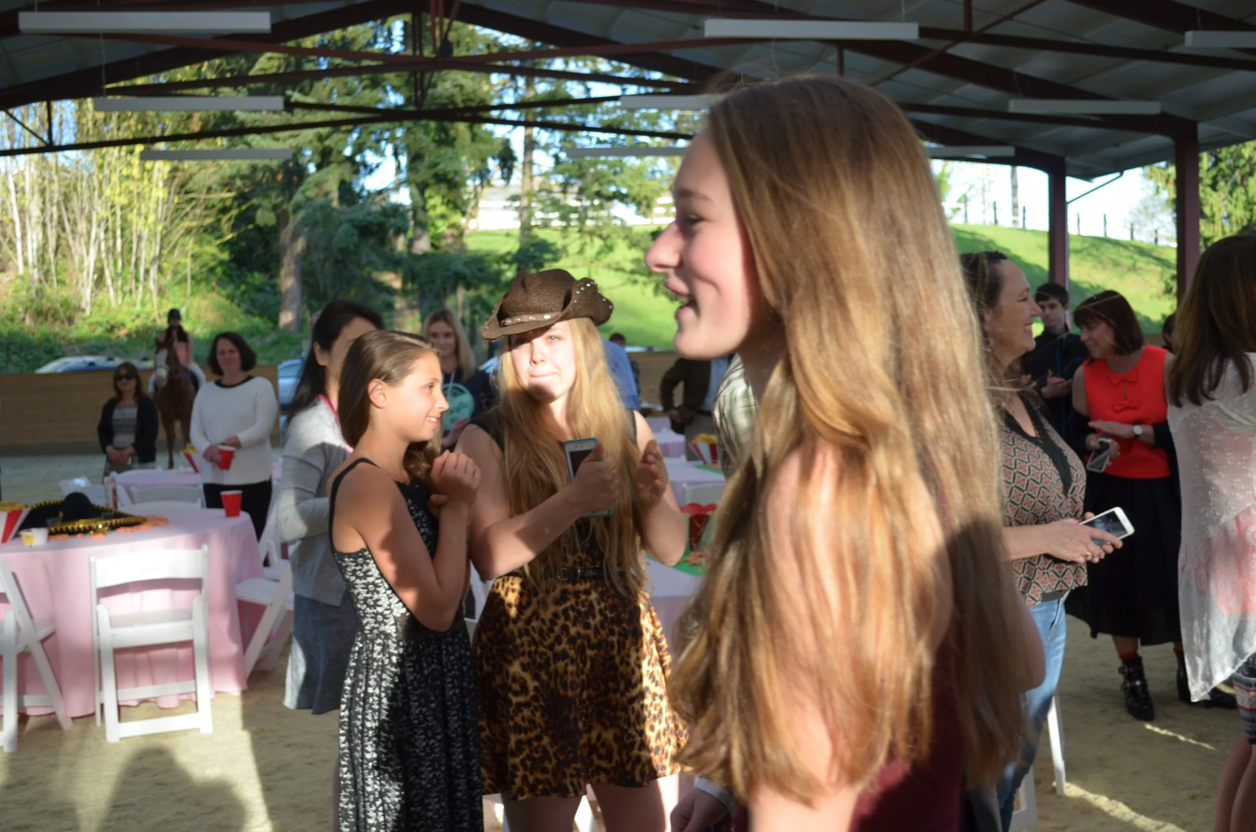 Group of women and girls at a social gathering outdoors, some holding drinks and talking, with decorated tables and a horse in the background.