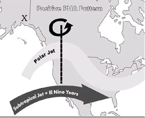 The dotted line represents the upper level ridge axis during the positive phase of the PNA pattern.