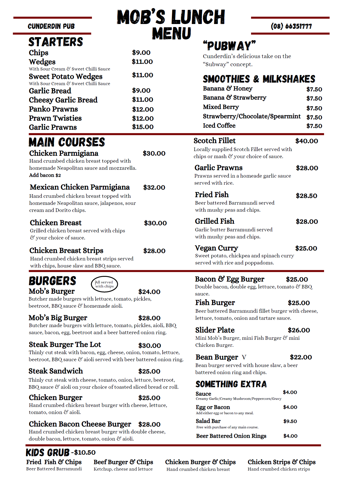 Cunderdin Pub Lunch Menu | Etamogah Pub WA Lunch Menu