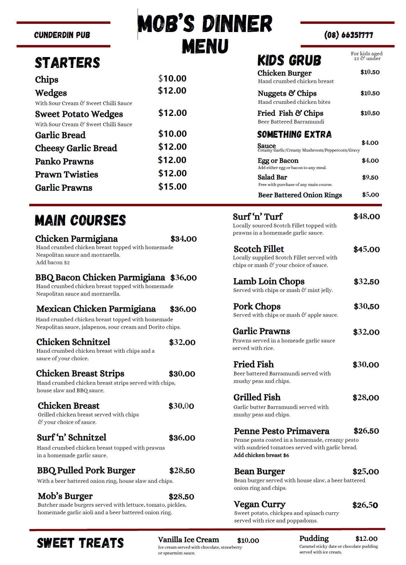 Cunderdin Pub Dinner Menu | Etamogah Pub WA Dinner Menu