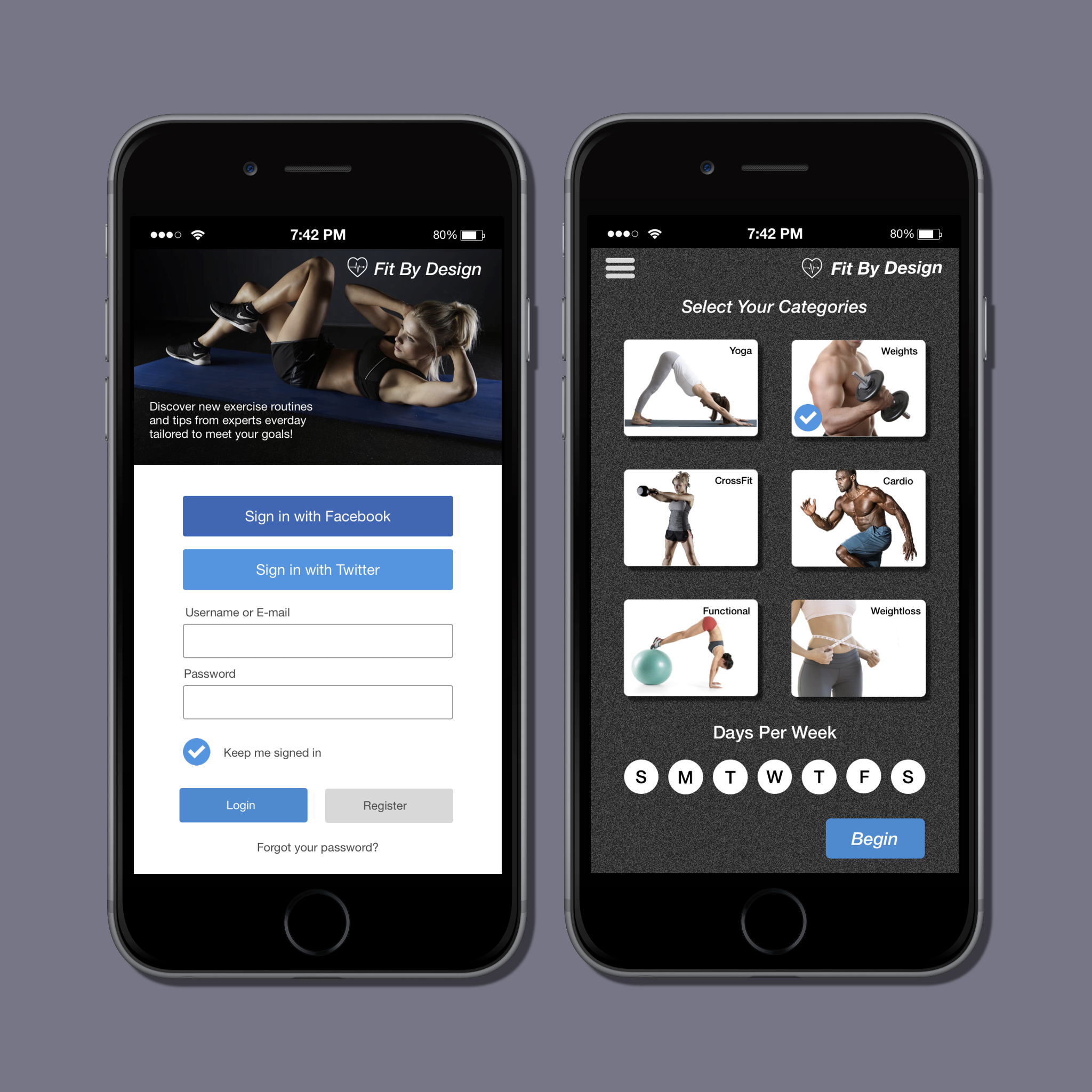 Onboarding -UI concept An fictional fitness app designed as an example of a signup recruiting procedure. This app is an idea for people who desire to tailor their fitness goals by receiving daily exercise routines and tips by experts. 