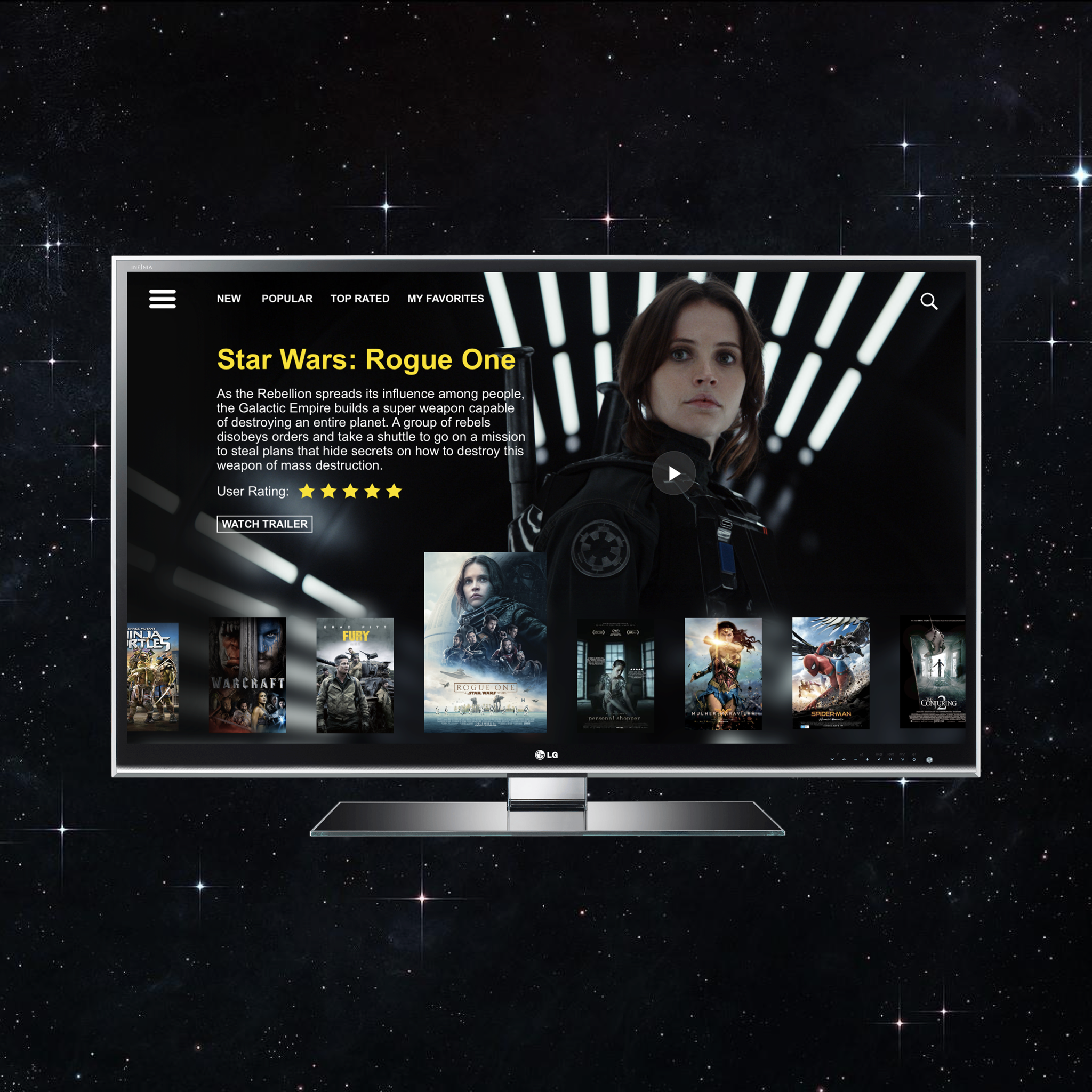 TV APP - UI Concept Piece A layout for a possible TV App. Features a large hero image and a carousel for browsing movie titles. Choosing a title will give a brief synopsis of the story as well as being able to preview a trailor. Users are able to rate movies helping others in choosing what to watch. 
