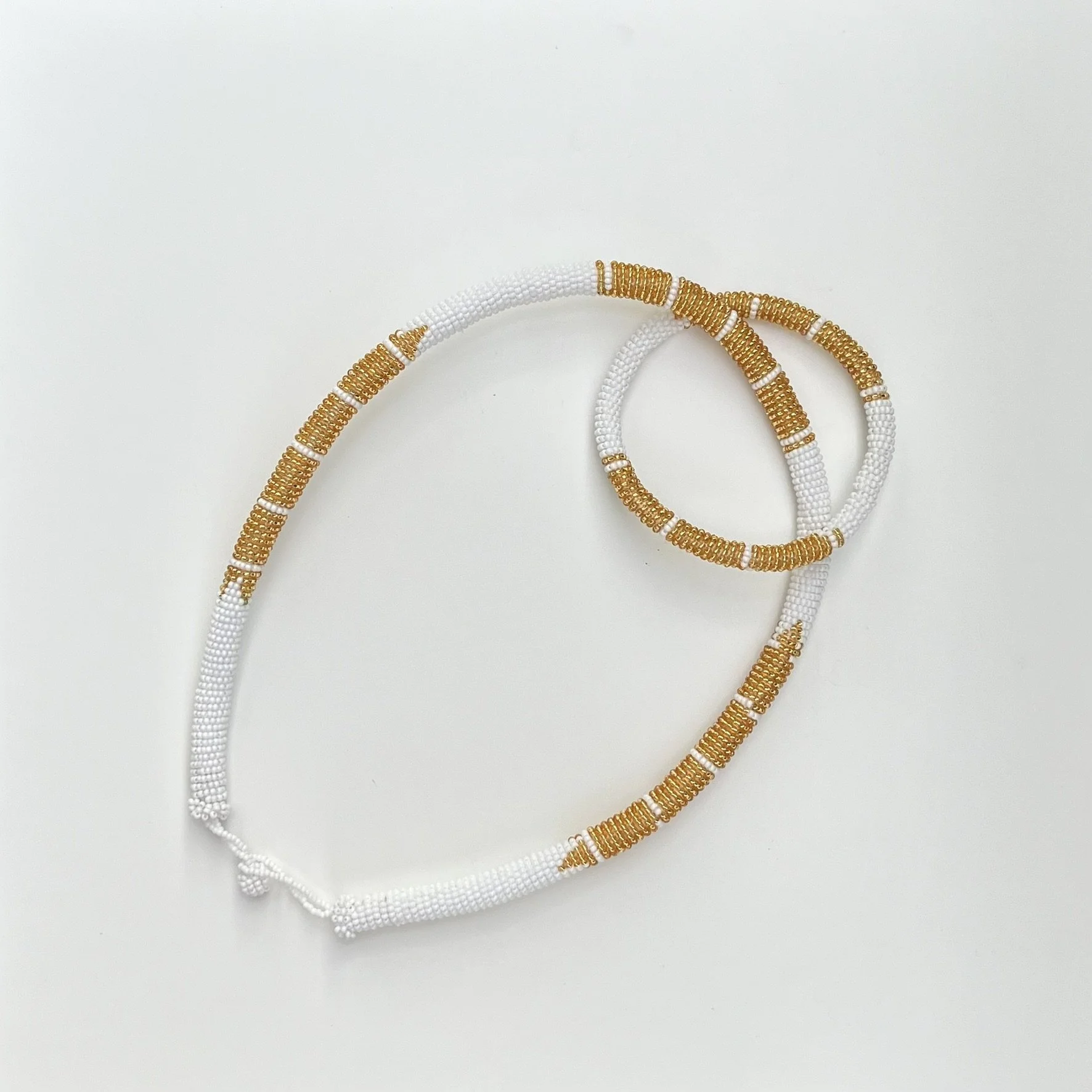 Zulu Beaded Necklace / Headband And Bangle Set - White and Gold