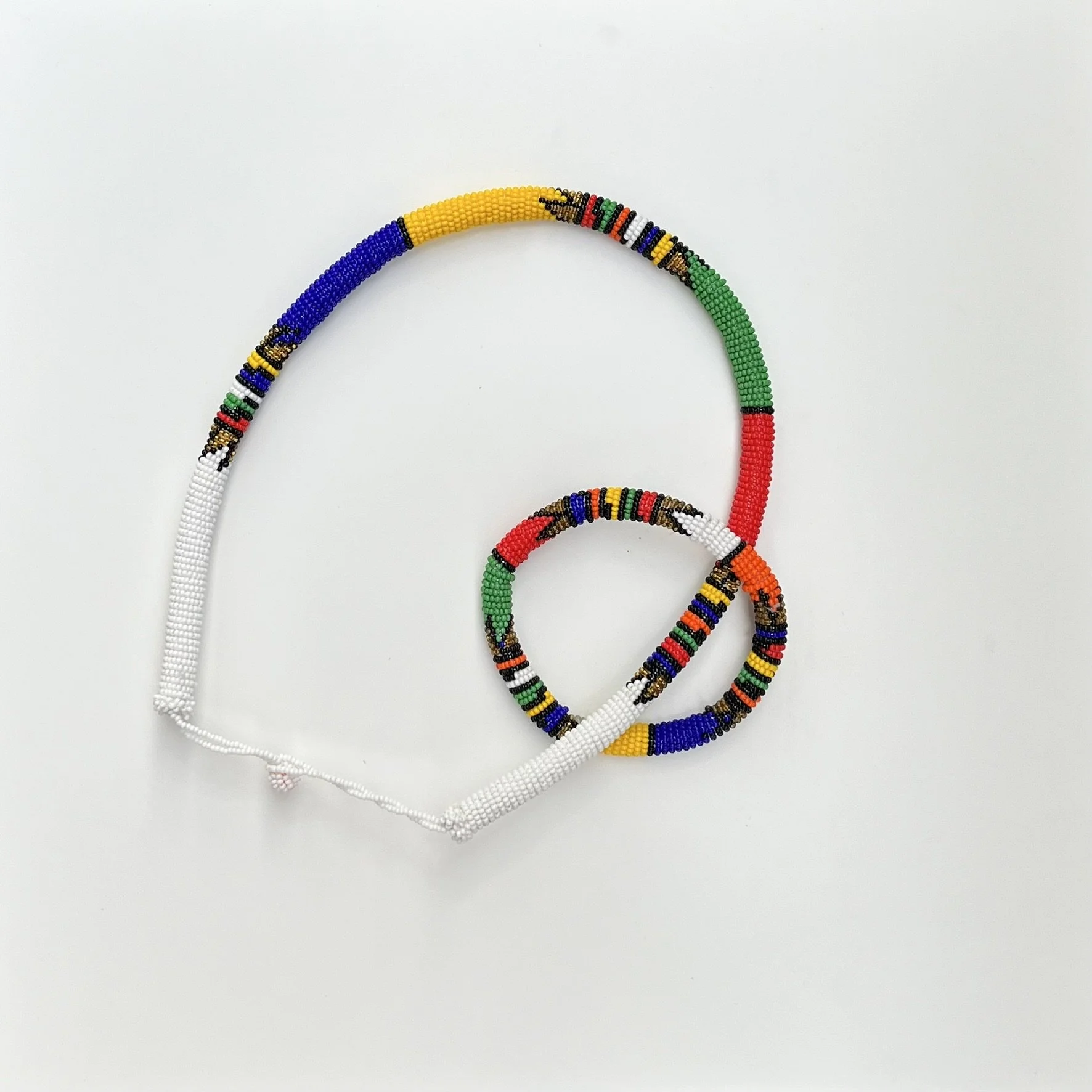 Zulu Beaded Necklace / Headband And Bangle Set - White / Multicolour