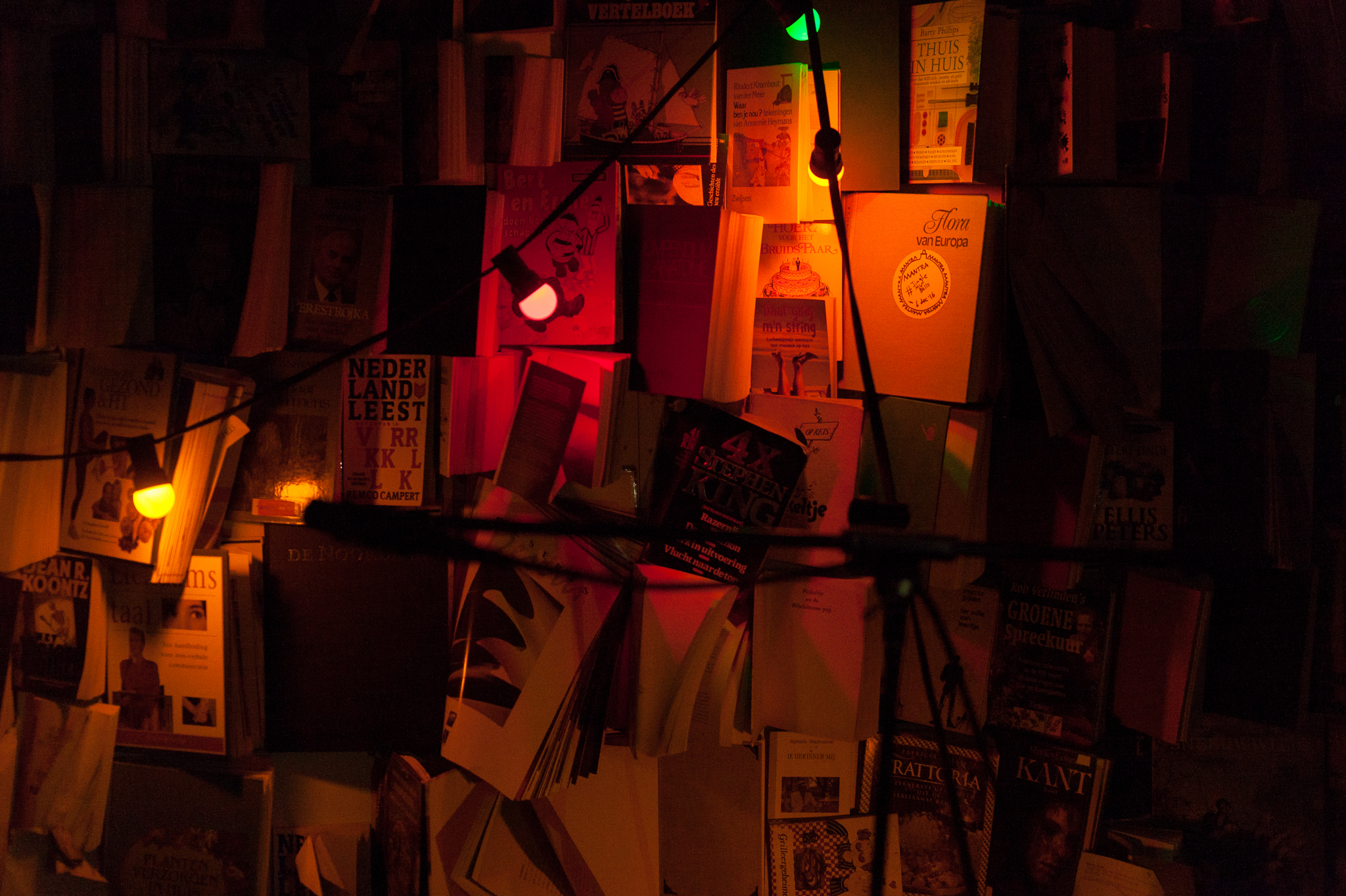Red light district ambiance in one of Rilan’s music chambers as old books are used to absorb sound, Photo credit: Richard Terborg