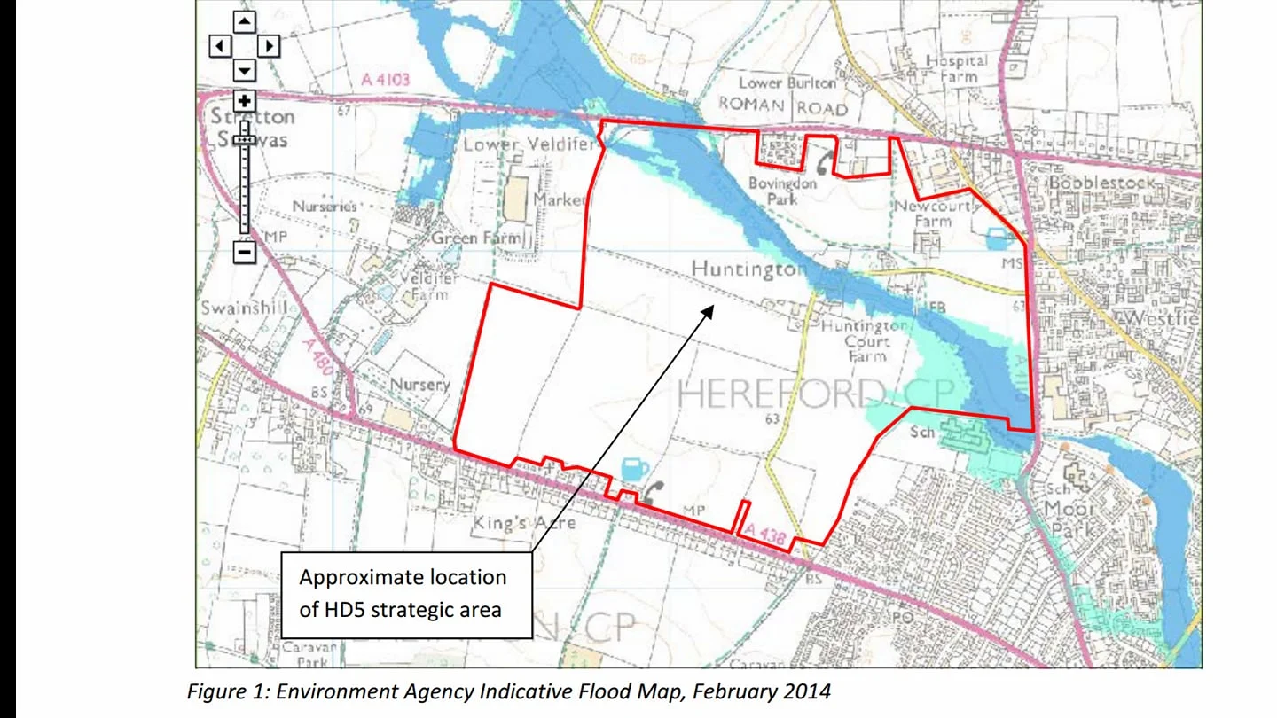 Flood Map and Site plan Three Elms. Note the extent of surface flooding in pale blue, even before soil sealing from the proposed development upstream of the City.