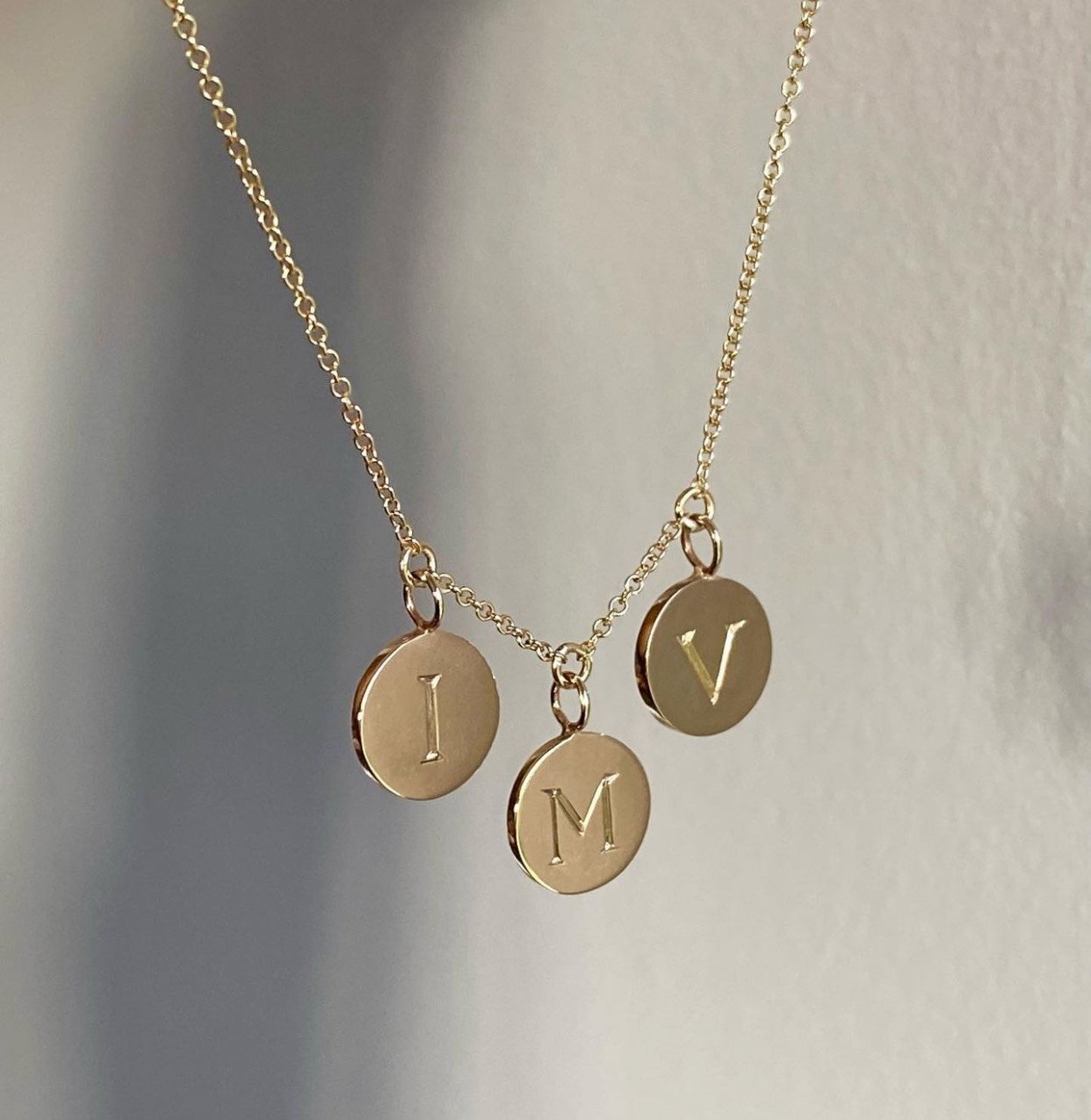 Three 8 mm Engraved Initial Disc Pendants on One Chain