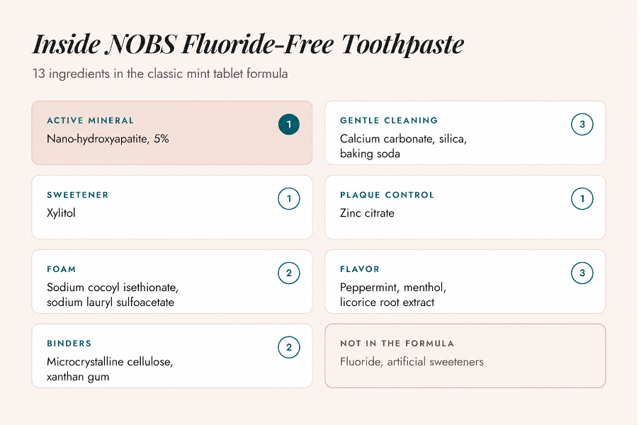 The 13 ingredients in a NOBS toothpaste tablet grouped by job: nano-hydroxyapatite as the active mineral, plus cleaning agents, xylitol, zinc citrate, foaming agents, flavor and binders