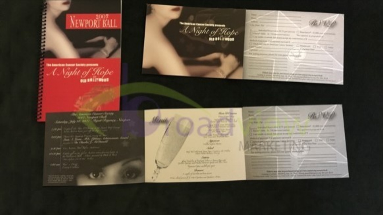 Client: American Cancer Society of Newport, RI Conceptual theme for Newport Ball, an annual fundraiser Program Guide Invitation Self mailer - RSVP