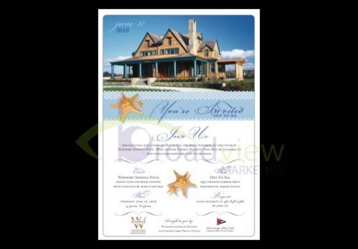 Client: Woodmeister Master Builders & Carnegie Abbey Club Book signing and open house for Woodmeister Master Builders' completed home, "Out to Sea" - marketed by exclusive Carnegie Abbey Club Development Press Release Media Coverage - NECN Event concept and management Invitation