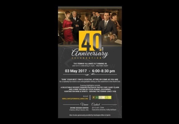 Client: Fenway Alliance Members only celebration of organization's 40th Anniversary with Mad Men theme, dessert demo and wine tasting Event Concept and management Invitation