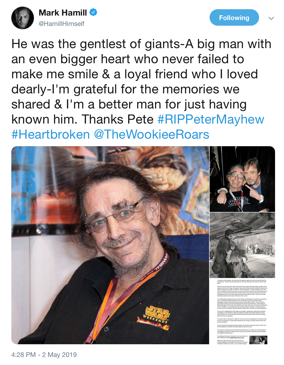 Mark Hamill’s tweet regarding the passing of Mayhew.