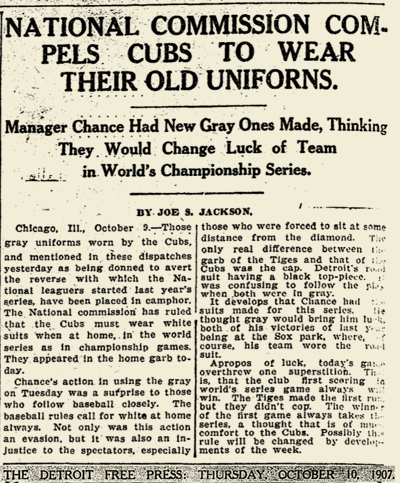 1907 CUBS WORLD SERIES UNIFORMS