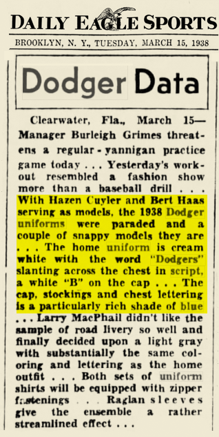 1938 DODGERS NEW UNIFORMS