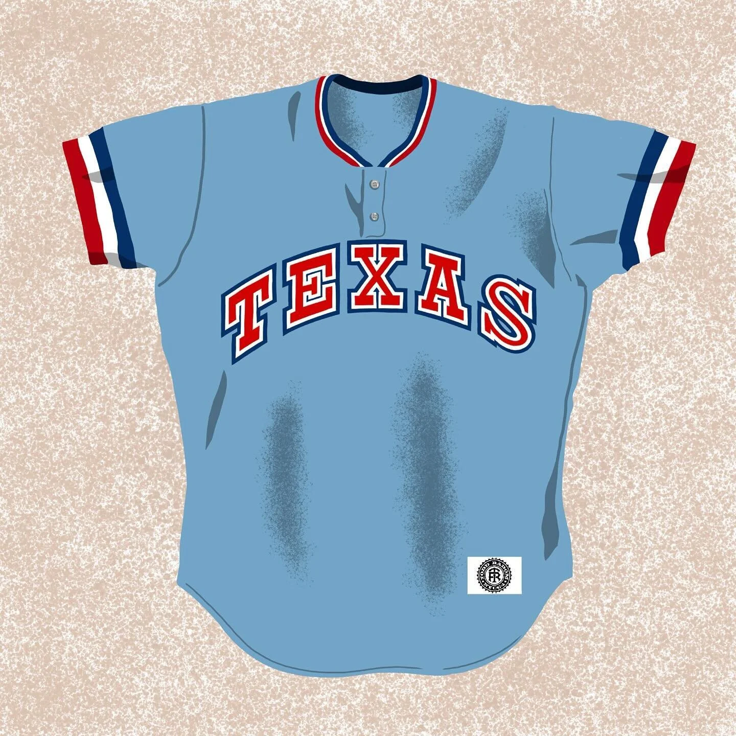 One and done-the 1975 (only) Texas Rangers road jerseys. Powder blue, two button Henley pullovers, with TEXAS in big red, white, and blue Texas-centric letters.