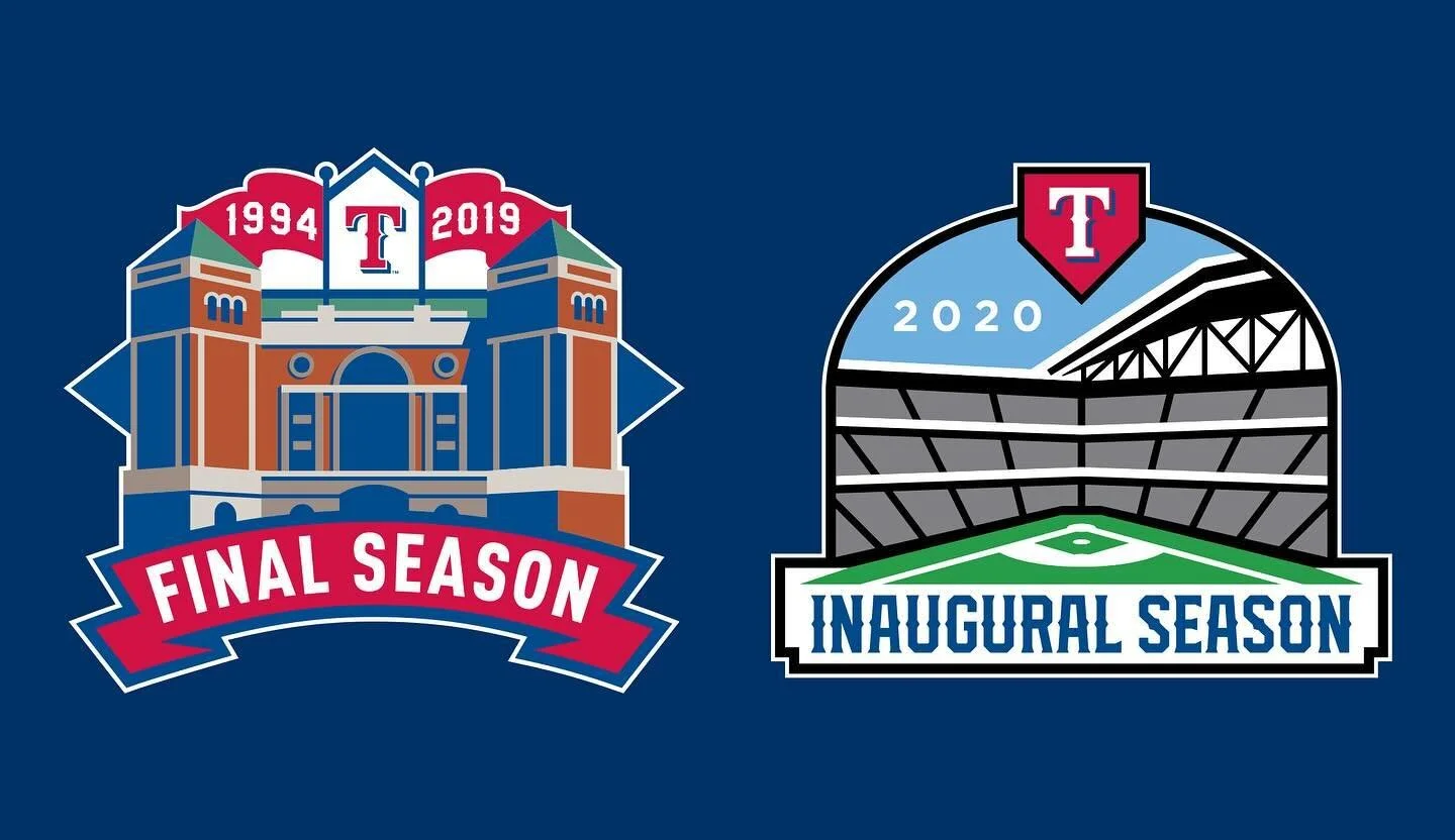 From the recent archives: final season and inaugural season logos for the Texas Rangers previous and current ballparks.