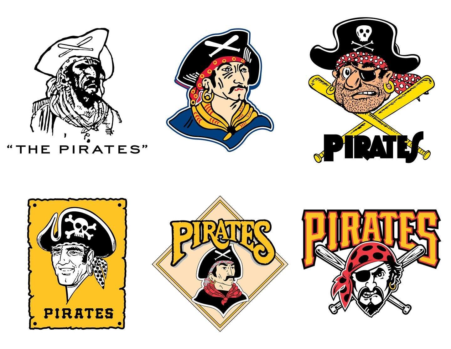 PIRATES! 🏴&zwj;☠️🏴&zwj;☠️🏴&zwj;☠️

The Pittsburgh Pirates&rsquo; pirates:

Standouts include the 1957 version at top right, drawn by longtime Pittsburgh Press artist Jack Berger, Sr., in 1958. The version at lower left was introduced in 1967, illu