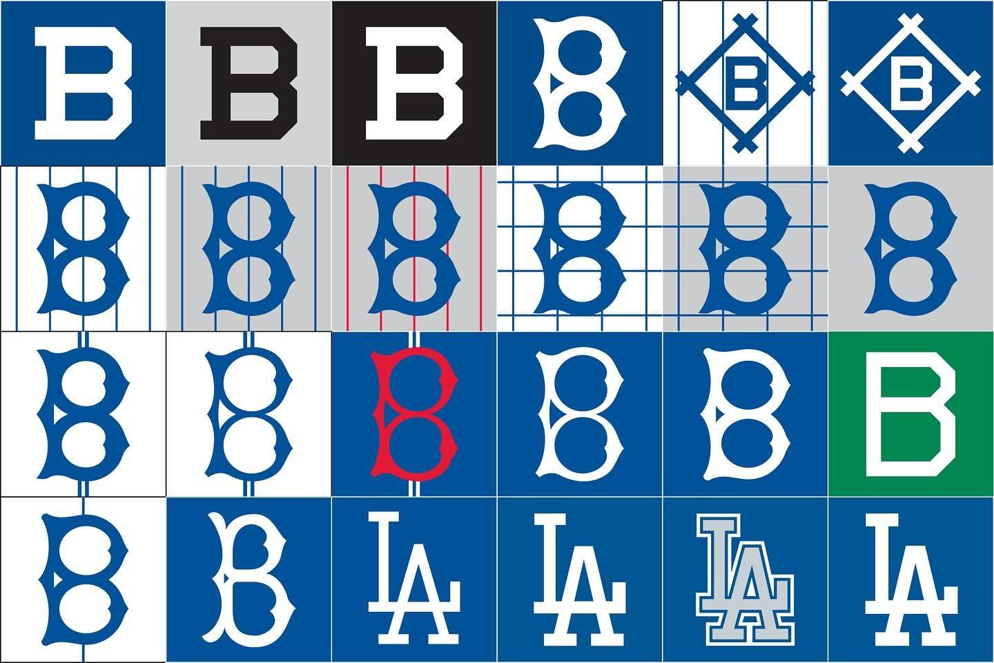 Dodgers cap marks, spanning America, from Brooklyn to Los Angeles. The Dodgers first wore a logo on their lids in 1902, when the club was known as the Brooklyn Superbas. The 1912 caps (upper row at far right, a B in a diamond) went hard. In 1937, thi