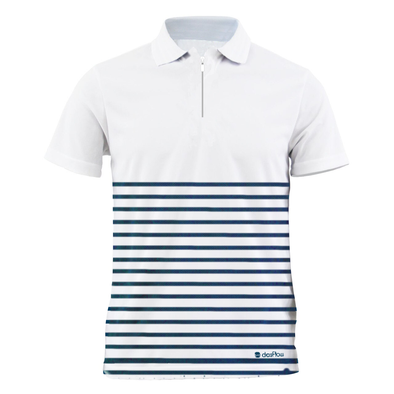 custom sublimated white polo with navy blue nautical stripes  (Copy)