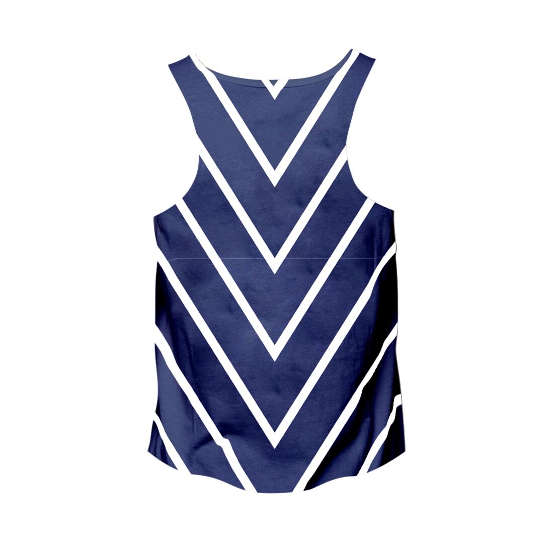 custom sublimated white tank top with navy blue chevon all over design made in usa (Copy)