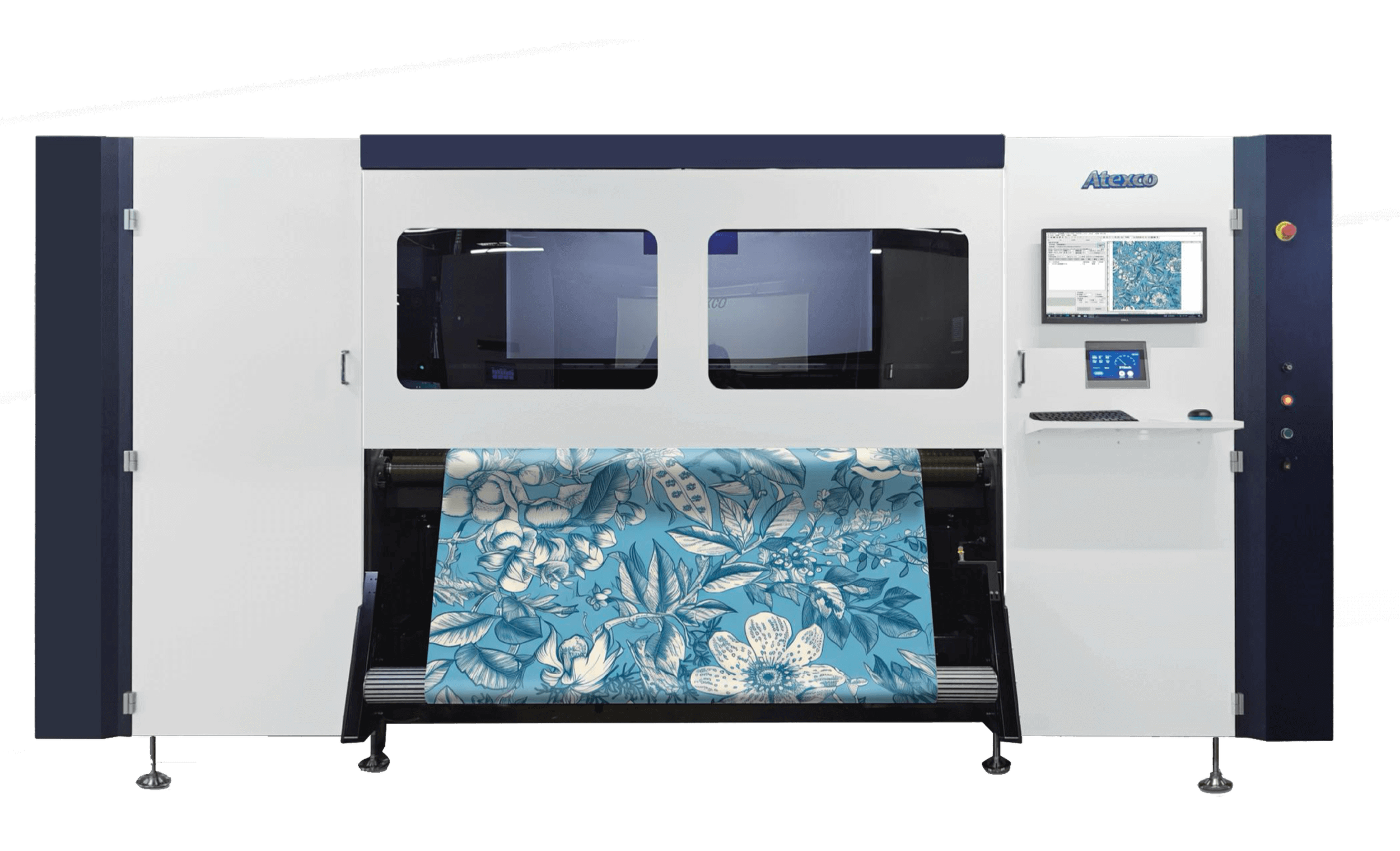 A large industrial fabric printer printing a blue floral pattern onto fabric.