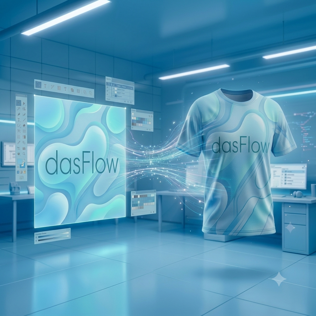 A digital rendering of a holographic display showcases a t-shirt with the brand name dasFlow, in a high-tech workspace with computers and design software.