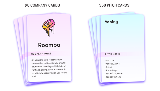 Pitch Deck, a game about making ridiculous, creative pitches for objectively bad startup ideas. Kickstart it here . 