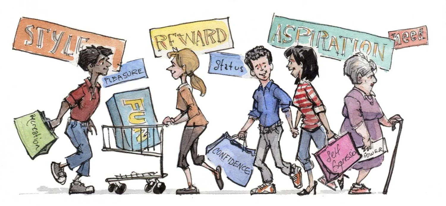 Occasionally, my work as an illustrator and my work as a behavioral researcher at Envirosell, Inc . coincide. It's nice to take the thousands of hours I've spent doing in-store observation and give them visual expression, but I think they're helpful to clients, too. Sure, illustrations can add visual interest to presentations, and break up the parade of informative, but monotonous pie charts, but they can be – should be – more than just fizz. Illustrations can communicate ideas more quickly and more clearly than words alone. Words alone indicate without specifying, but combining words and pictures gives conversation a concrete, common point of departure: