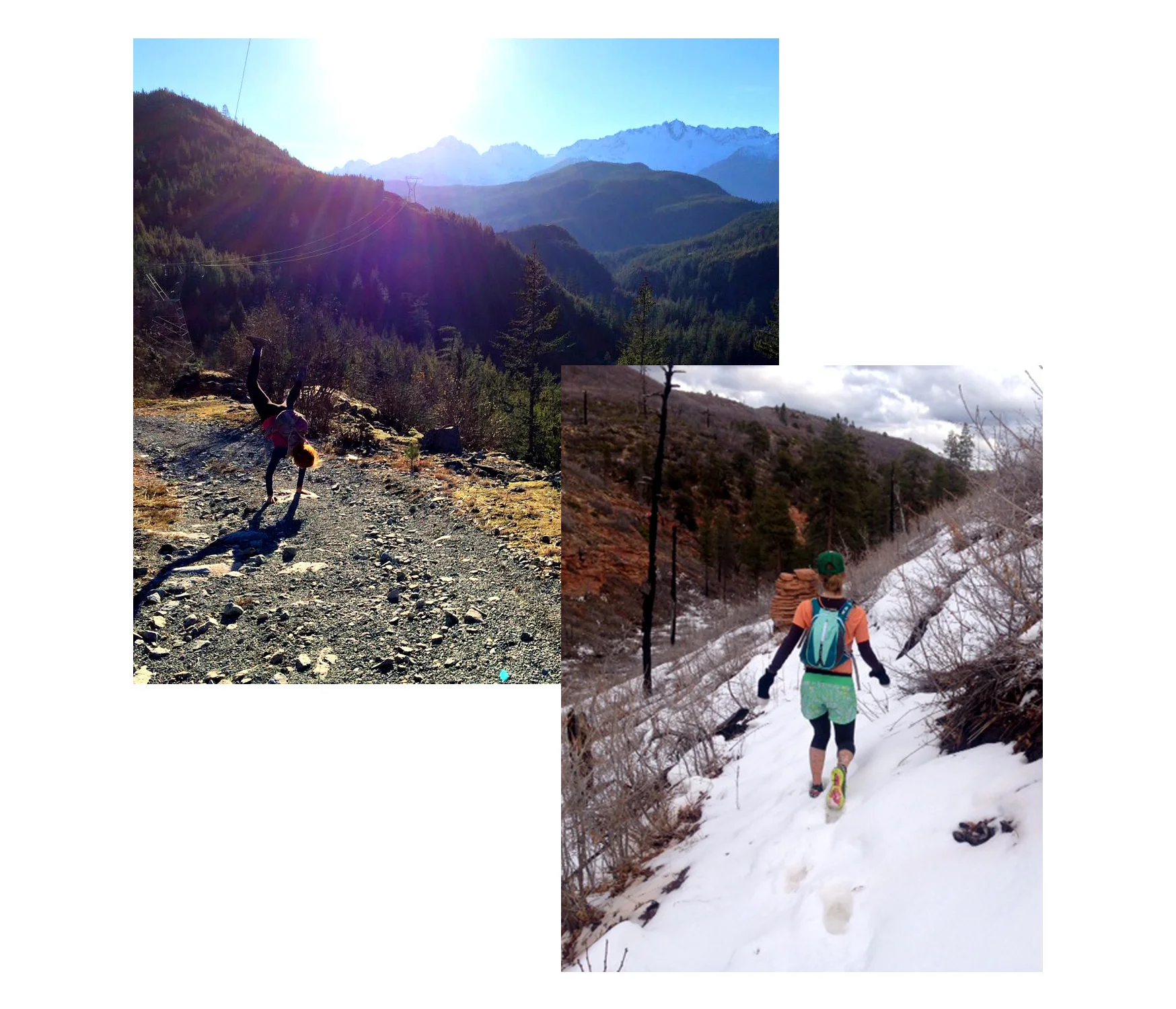 Left: An adventure run with friends on the Sea to Sky Trail. Right: Deep snow on the Zion Traverse