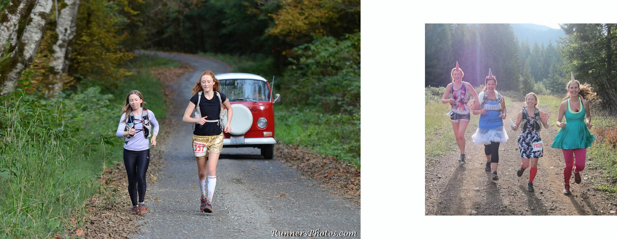 Left: Alicia’s first 100km run at the Baker Lake Ultra (about 4 years ago), with partner in crime Tara Berry. Right: Alicia dressed up as a unicorn and ran 100 miles in less than a day at Cascade Crest 100 in 2015. She convinced her friends to come out dressed like unicorns, too. (Photo by Julien Lamoureux )