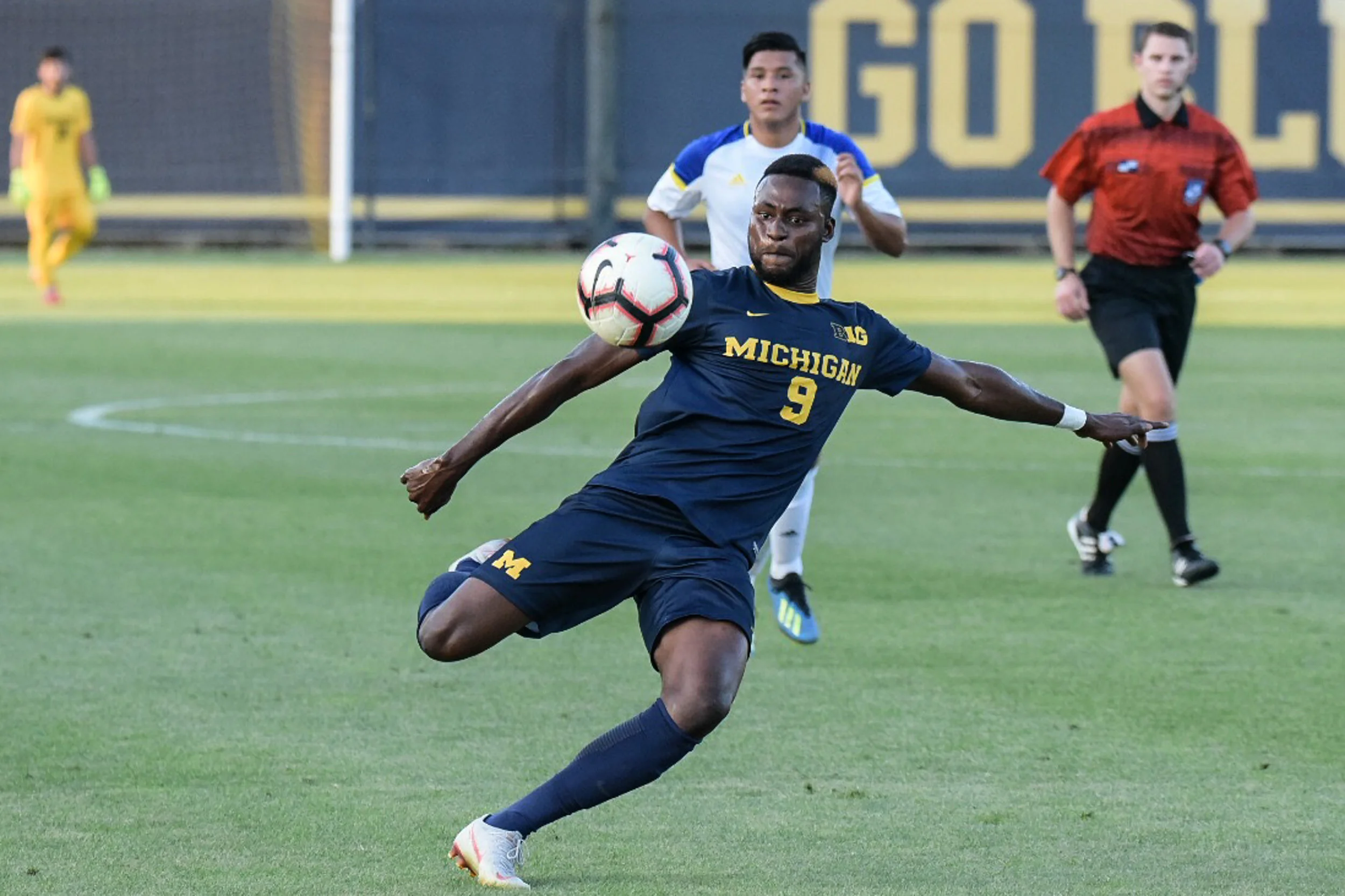 Mohammed Zakyi winds up for a shot against Riverside. The striker has two goals and four assists.