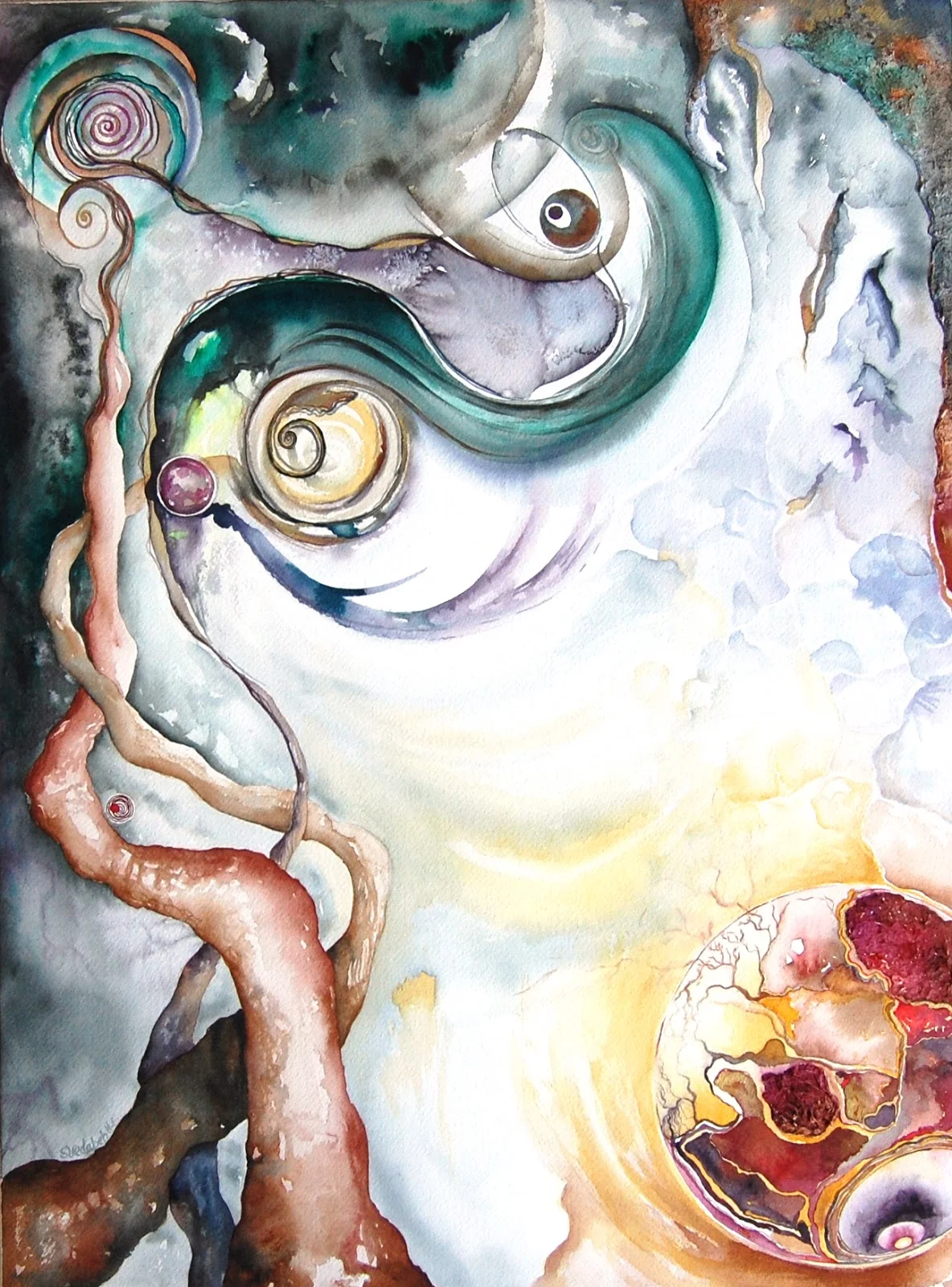 Propagation, watercolor painting by Suedabeh Ewing, created in response to my poem as part of the 2016 Art&Words Collaborative Show.
