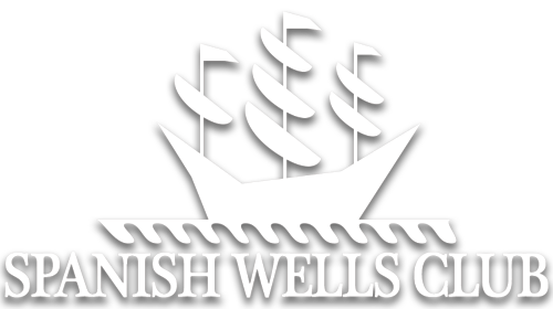 Logo of the Spanish Wells Club featuring a sailboat with three sails on the water.