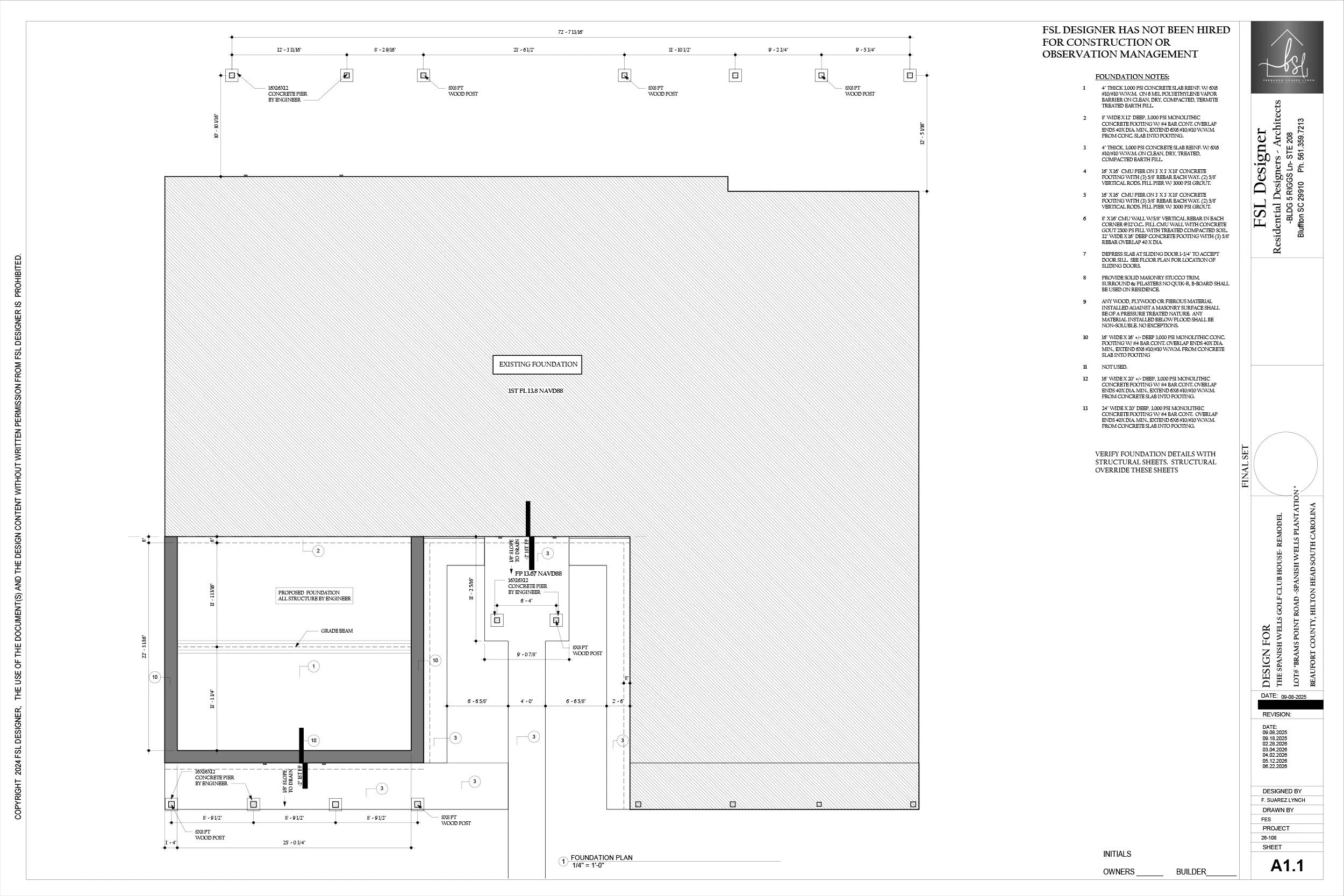 Architectural foundation plan with measurements, notes, and structural details for a building project, including existing foundation, proposed foundation, and foundation notes.