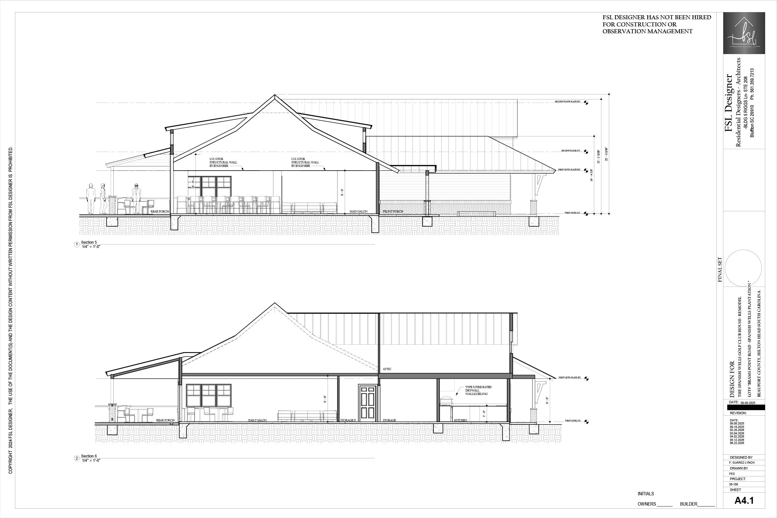 Architectural blueprint of a house showing front and side elevations with detailed measurements and design notes.