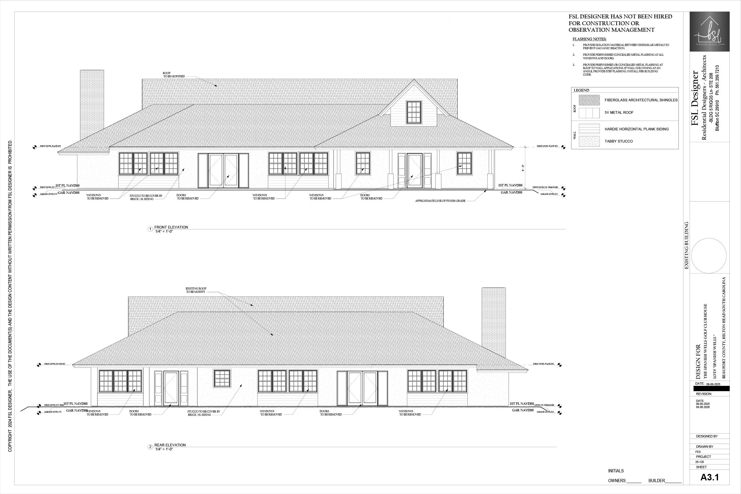 Architectural drawing of a house's front and rear elevation, showing roofing, windows, doors, and siding details.