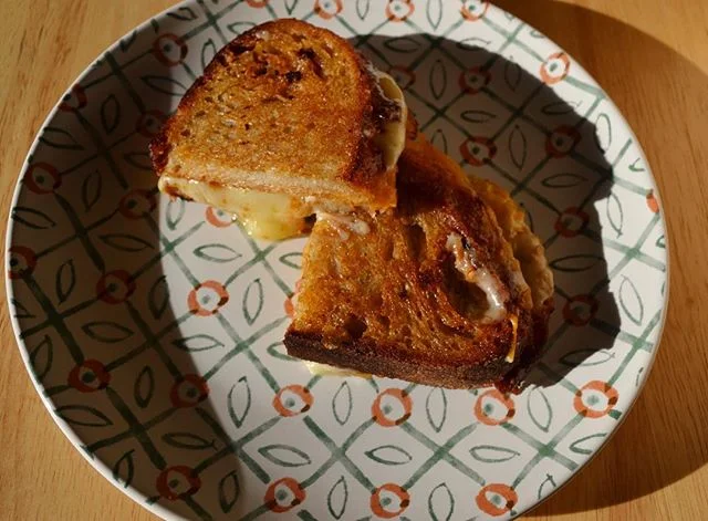 &ldquo;Grilled Cheese&rdquo;- Cherry Glazerr &bull;Sourdough Bread
&bull;Scharfe Maxx Extra Cheese (from Switzerland)
&bull;Sundried Tomato Pesto &bull;Fresh Heirloom tomatoes