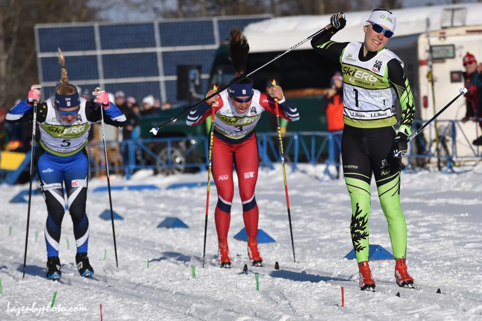 Crossing the finish line (left) in the classic sprint at US Nationals behind Ida Sargent (right), her Dresden team sprint partner, and Julia Kern (middle), her U23 World Championships teammate. U23 World Championships are happening this week in Lahti, Finland. Photo Red: John Lazenby
