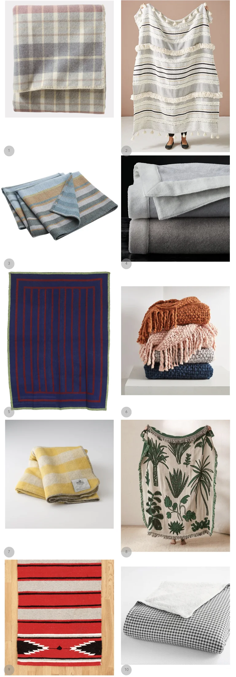 1. Pendleton 2. Anthropologie 3. CB2 4. Restoration Hardware 5. John Robshaw 6. West Elm 7. Schoolhouse 8. Urban Outfitters 9. Rejuvination 10. Pottery Barn