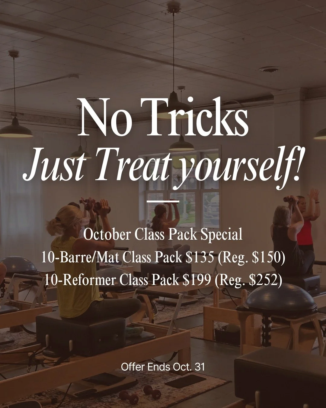 No tricks this Halloween season &mdash; just a reason to treat yourself 🎃🧡

All month long, our 10-Class Packs are discounted.
10-Barre/Mat Class Pack is only $135 (regularly $150).
10-Reformer Class Pack is only $199 (regularly $252). Codes below.