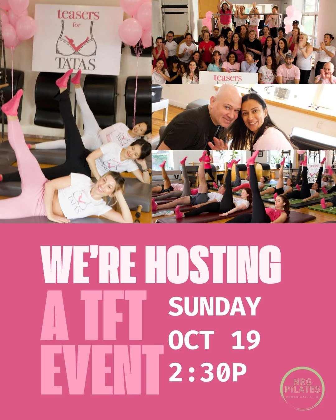 Mark your calendars!

We're so excited to bring Teasers for Tatas to NRG Pilates!

Join Amy for a fun workout while supporting a great cause.

📆Saturday, October 19
🕛2:30p 
❤️Participation is free | Donation
📍NRG Pilates Studio

All funds raised a
