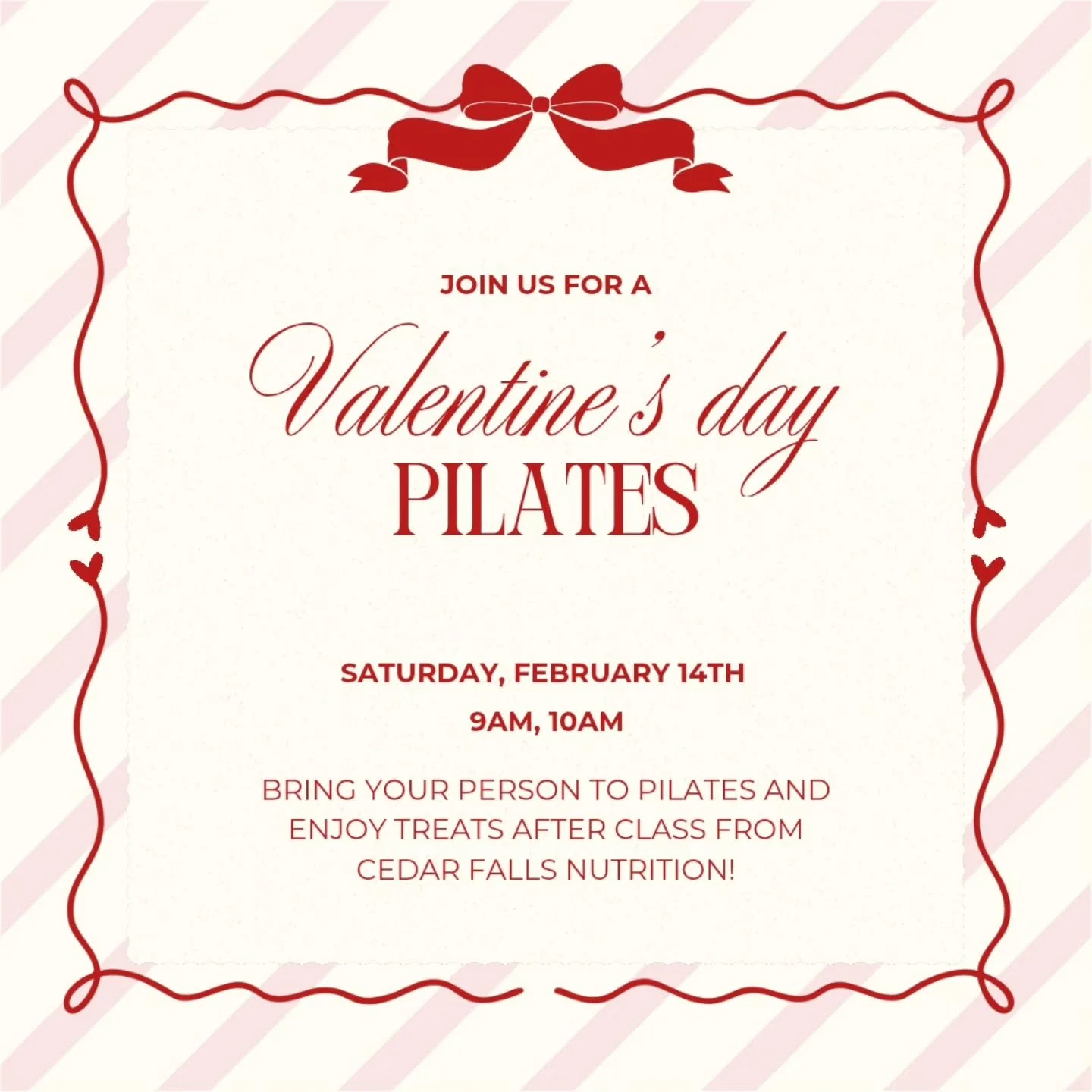 Grab your partner, friend, daughter, son, hubby, wife, or whoever your person is and join us for Pilates.

Be sure to book one spot for you and one for them, then settle into a playful, full-body workout designed for all levels.

No prior Pilates exp